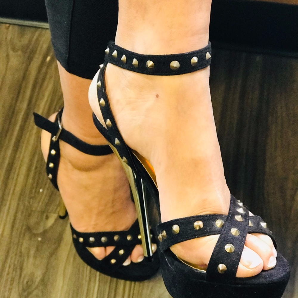 Black Strap Shoes with Gold Stiletto Heels